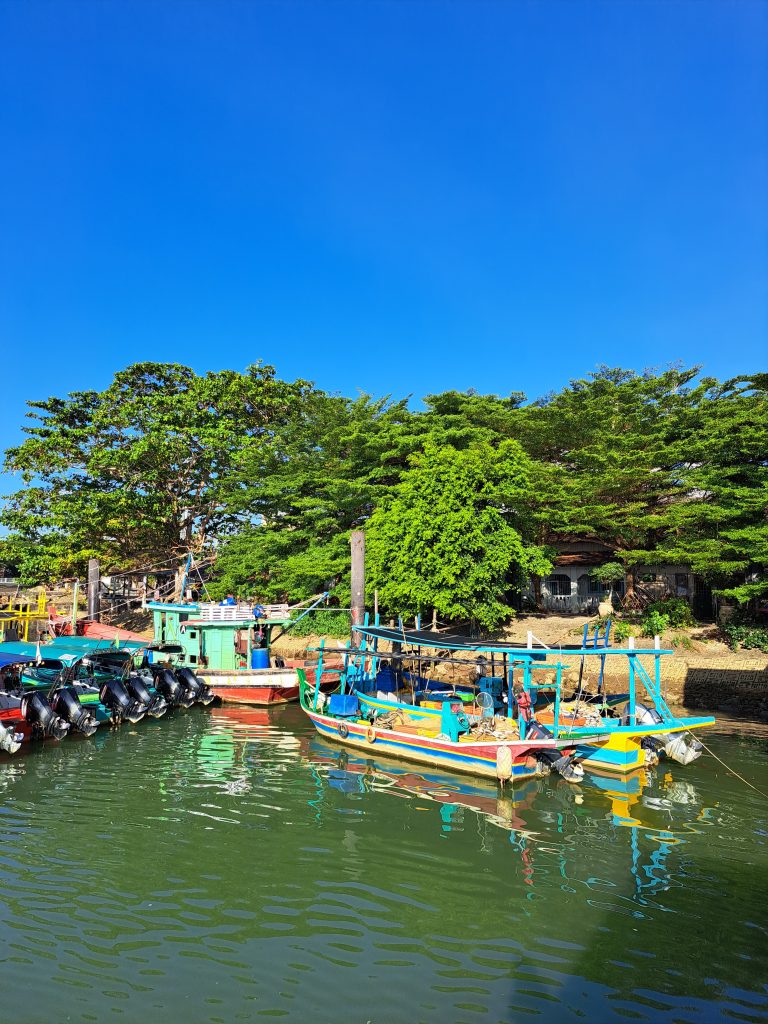 muelle kuala nesut con barcos de colores